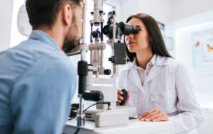 Eye doctor examining a patient for glaucoma signs in Santa Rosa, CA.